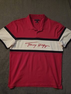 Tommy Hilfiger Red, White & Navy Horizontal-Stripe Polo Size 3XL